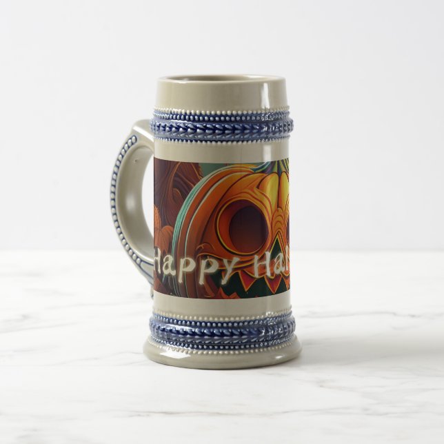 Scary Looking Orange Pumpkin with Face, Halloween Beer Stein (Front Left)