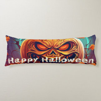 Scary Looking Orange Pumpkin with Face, Halloween Body Pillow