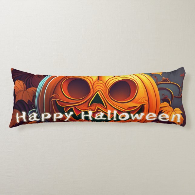 Scary Looking Orange Pumpkin with Face, Halloween Body Pillow (Front)