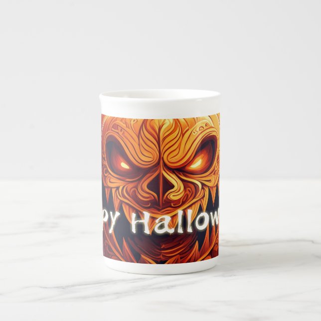 Scary Looking Orange Pumpkin with Face, Halloween Bone China Mug (Front)