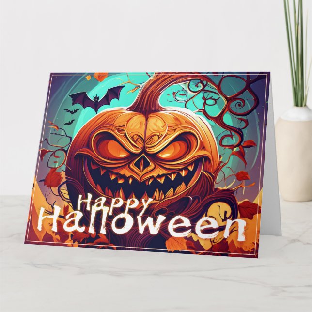 Scary Looking Orange Pumpkin with Face, Halloween Card (Front)