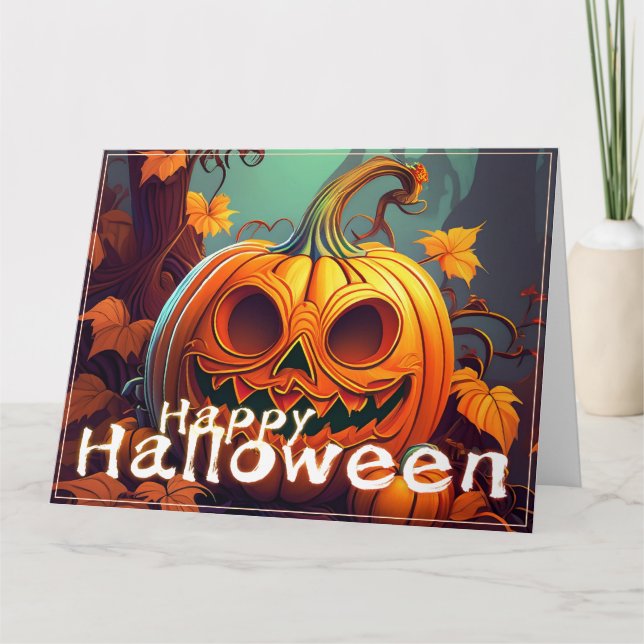 Scary Looking Orange Pumpkin with Face, Halloween Card (Front)