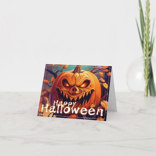 Scary Looking Orange Pumpkin with Face Halloween Card