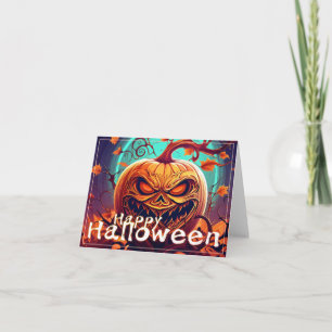 Scary Looking Orange Pumpkin with Face, Halloween Card