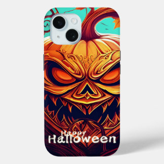 Scary Looking Orange Pumpkin with Face, Halloween iPhone 15 Case