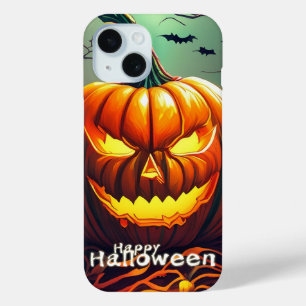 Scary Looking Orange Pumpkin with Face, Halloween iPhone 15 Case