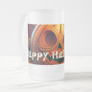 Scary Looking Orange Pumpkin with Face, Halloween Frosted Glass Beer Mug