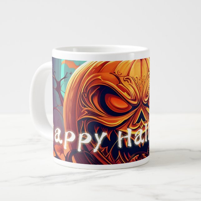 Scary Looking Orange Pumpkin with Face, Halloween  Giant Coffee Mug (Front Left)