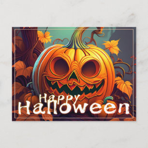 Scary Looking Orange Pumpkin with Face, Halloween Holiday Postcard