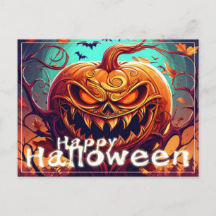 Scary Looking Orange Pumpkin with Face, Halloween Holiday Postcard