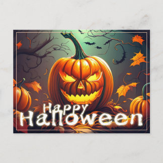 Scary Looking Orange Pumpkin with Face, Halloween Holiday Postcard