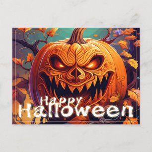 Scary Looking Orange Pumpkin with Face, Halloween Holiday Postcard