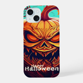 Scary Looking Orange Pumpkin with Face, Halloween iPhone 15 Case