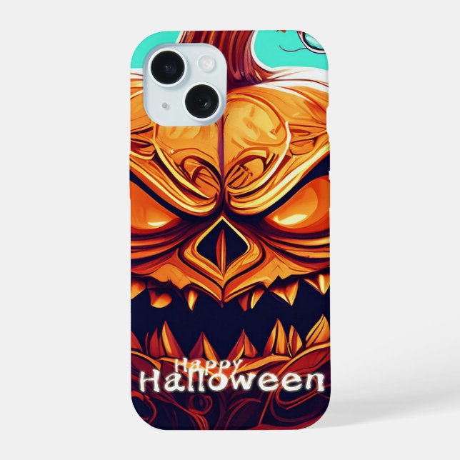 Scary Looking Orange Pumpkin with Face, Halloween iPhone 15 Case (Back)