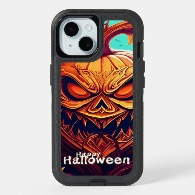 Scary Looking Orange Pumpkin with Face, Halloween  iPhone 15 Case (Back)