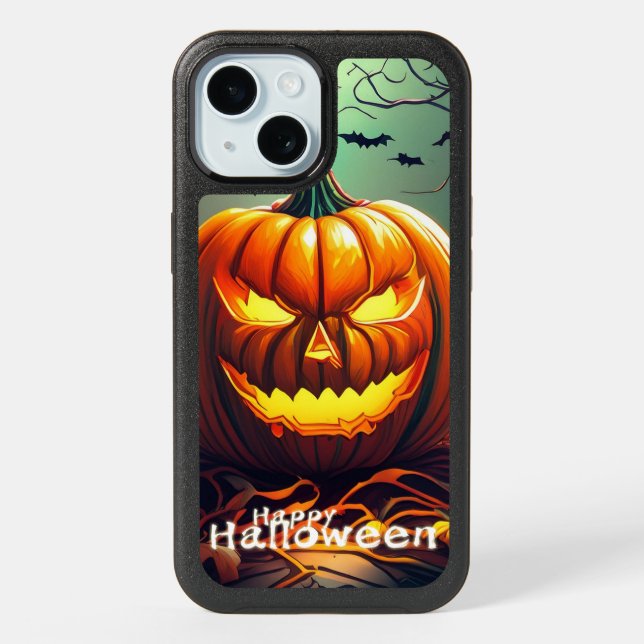 Scary Looking Orange Pumpkin with Face, Halloween iPhone 15 Case (Back)