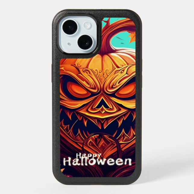 Scary Looking Orange Pumpkin with Face, Halloween  iPhone 15 Case (Back)