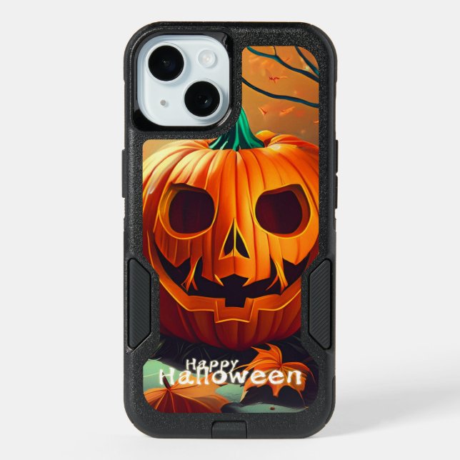 Scary Looking Orange Pumpkin with Face, Halloween iPhone 15 Case (Back)
