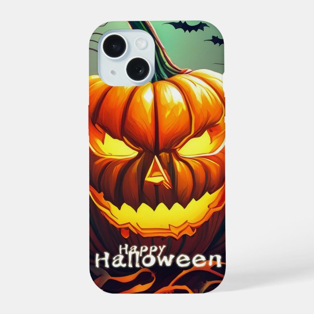 Scary Looking Orange Pumpkin with Face, Halloween iPhone 15 Case (Back)