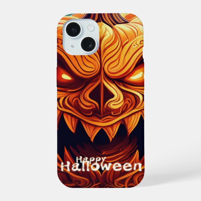 Scary Looking Orange Pumpkin with Face, Halloween iPhone 15 Case (Back)