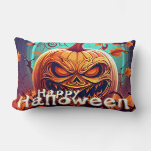 Scary Looking Orange Pumpkin with Face, Halloween  Lumbar Pillow