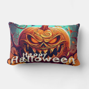 Scary Looking Orange Pumpkin with Face, Halloween Lumbar Pillow