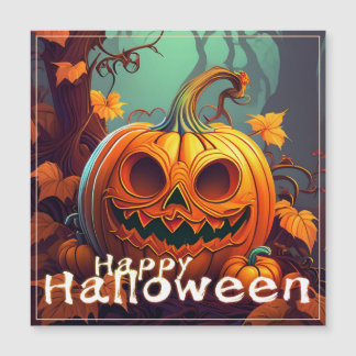 Scary Looking Orange Pumpkin with Face, Halloween Magnetic Invitation