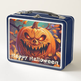 Scary Looking Orange Pumpkin with Face, Halloween Metal Lunch Box