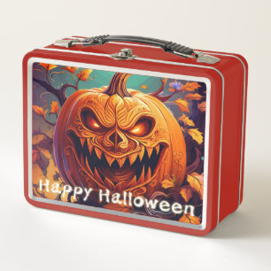 Scary Looking Orange Pumpkin with Face, Halloween Metal Lunch Box