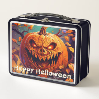 Scary Looking Orange Pumpkin with Face, Halloween Metal Lunch Box