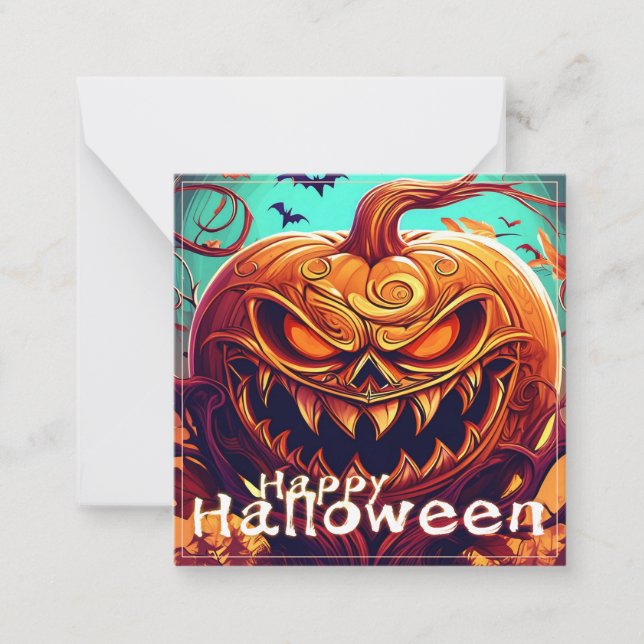 Scary Looking Orange Pumpkin with Face, Halloween Note Card (Front)