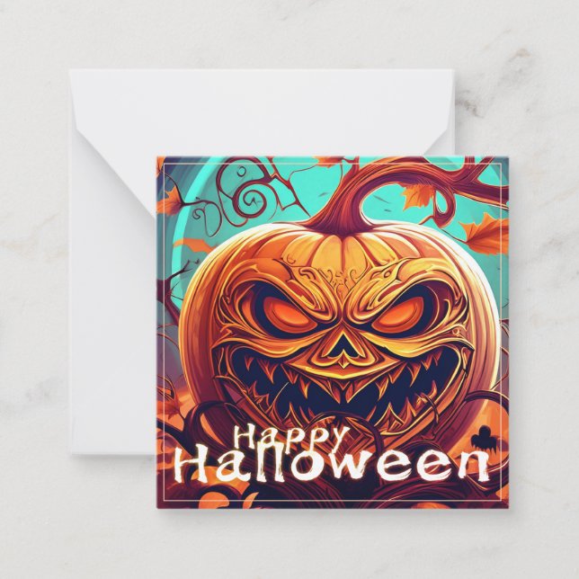 Scary Looking Orange Pumpkin with Face, Halloween Note Card (Front)