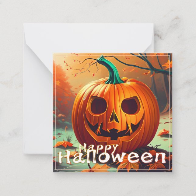 Scary Looking Orange Pumpkin with Face, Halloween Note Card (Front)