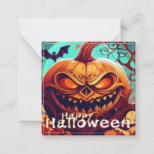 Scary Looking Orange Pumpkin with Face, Halloween Note Card