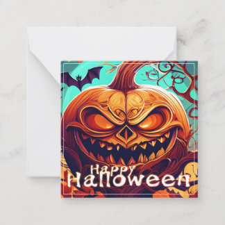 Scary Looking Orange Pumpkin with Face, Halloween Note Card