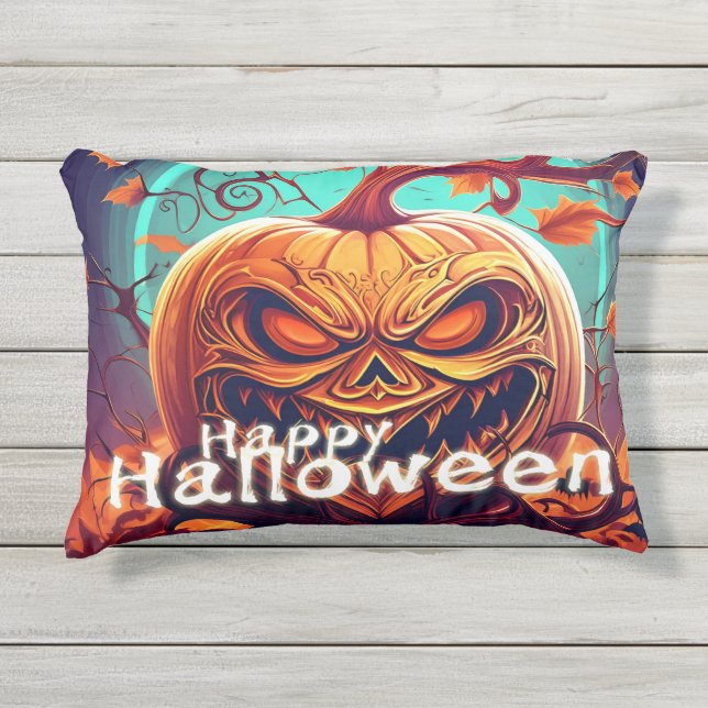 Scary Looking Orange Pumpkin with Face, Halloween  Outdoor Pillow (Front)