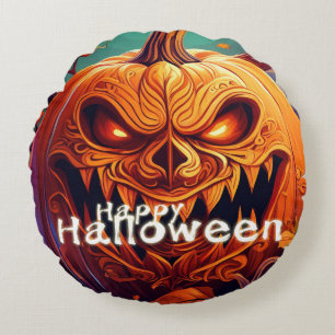 Scary Looking Orange Pumpkin with Face, Halloween Round Pillow