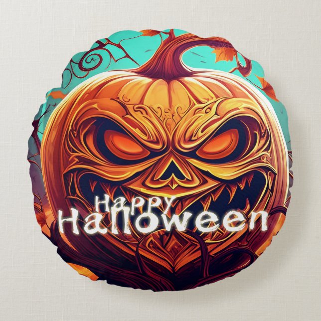 Scary Looking Orange Pumpkin with Face, Halloween  Round Pillow (Front)