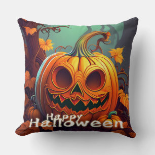 Scary Looking Orange Pumpkin with Face, Halloween Throw Pillow