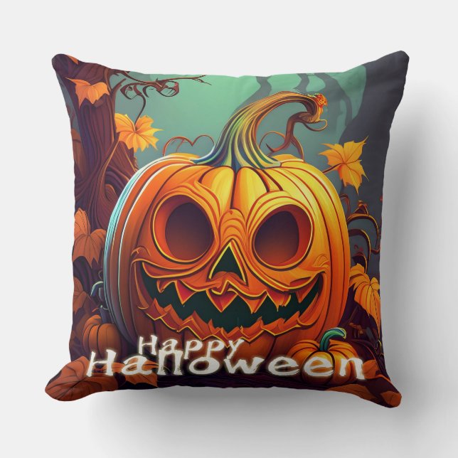 Scary Looking Orange Pumpkin with Face, Halloween Throw Pillow (Front)