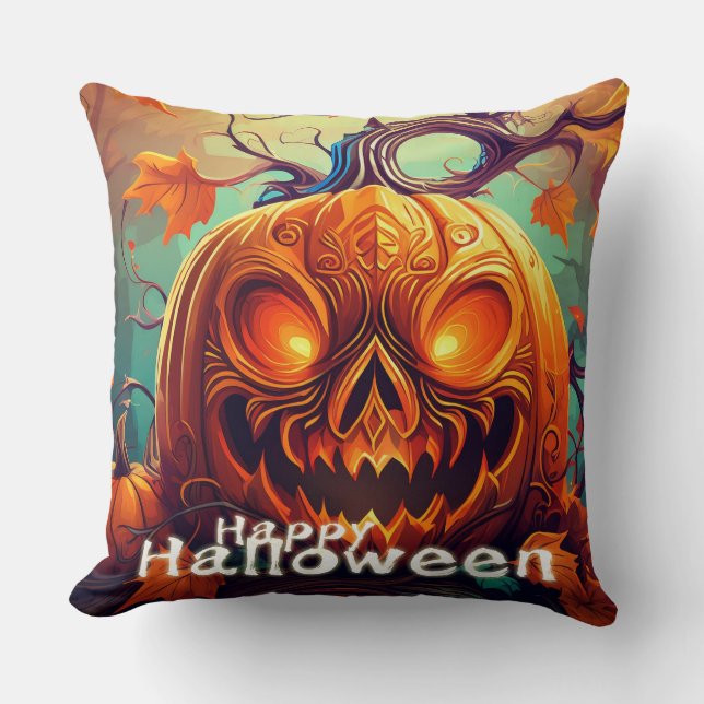 Scary Looking Orange Pumpkin with Face, Halloween  Throw Pillow (Front)