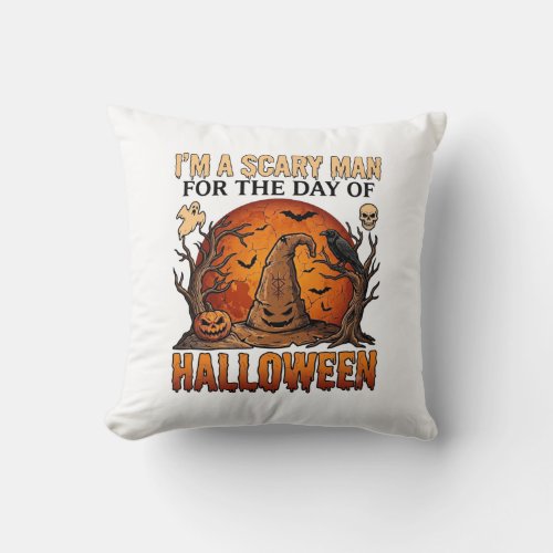 Scary Man Halloween Witch Hat Blood Moon Pumpkin_1 Throw Pillow