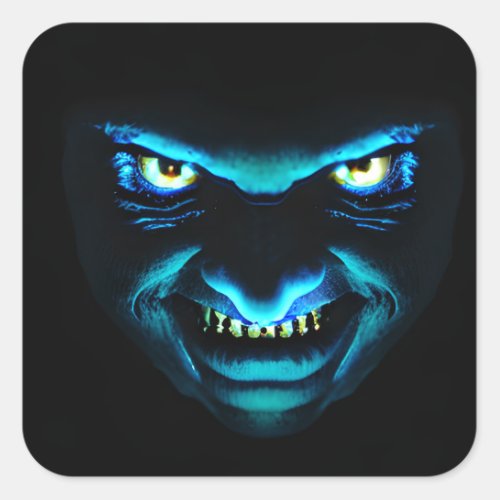Scary Monster Face Glowing Blue                Square Sticker