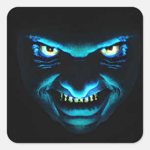 Scary Monster Face Glowing Blue Square Sticker