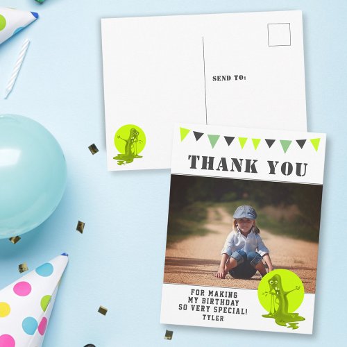 Scary Monster Green Kids Photo Birthday Thank you Postcard