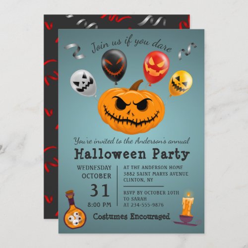 Scary Monster Pumpkin Balloon Halloween Party Invitation