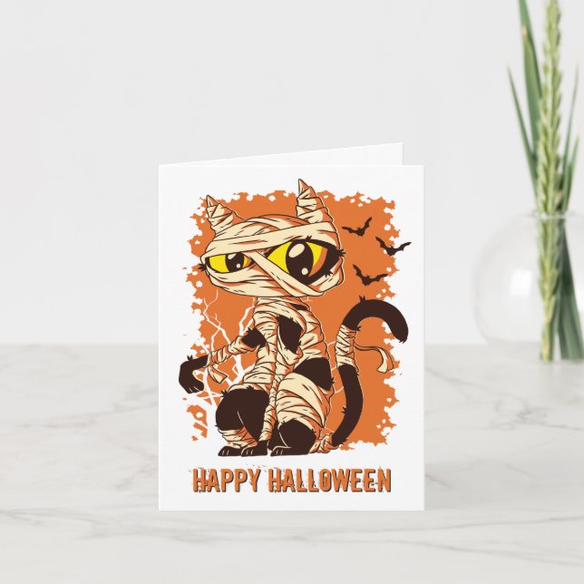 Scary Mummy Cat Happy Halloween Card (Front)