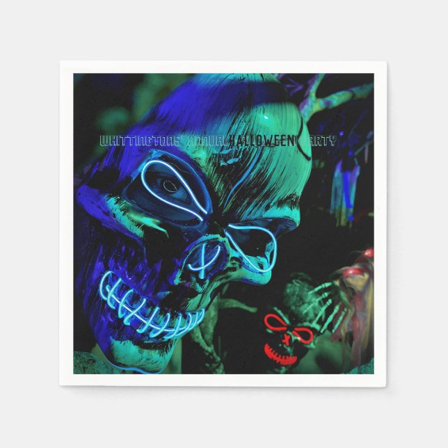 Scary Neon Teal Skulls Halloween Name  Napkins (Front)