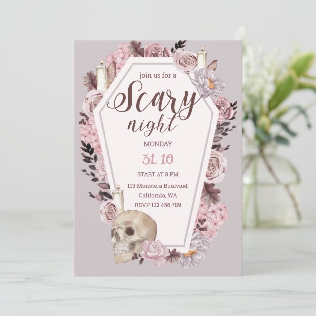 Scary Night Floral Skull Halloween Party  Invitation (Standing Front)