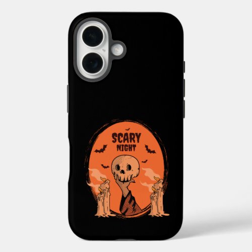 Scary Night Halloween Skull & Bat Design iPhone 16 Case